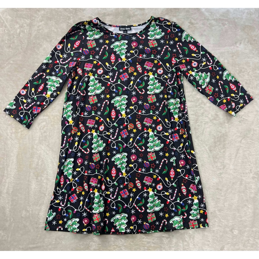 Dress Works Womens Christmas Holiday Tree Ornament Print 3/4 Sleeve Dress Large